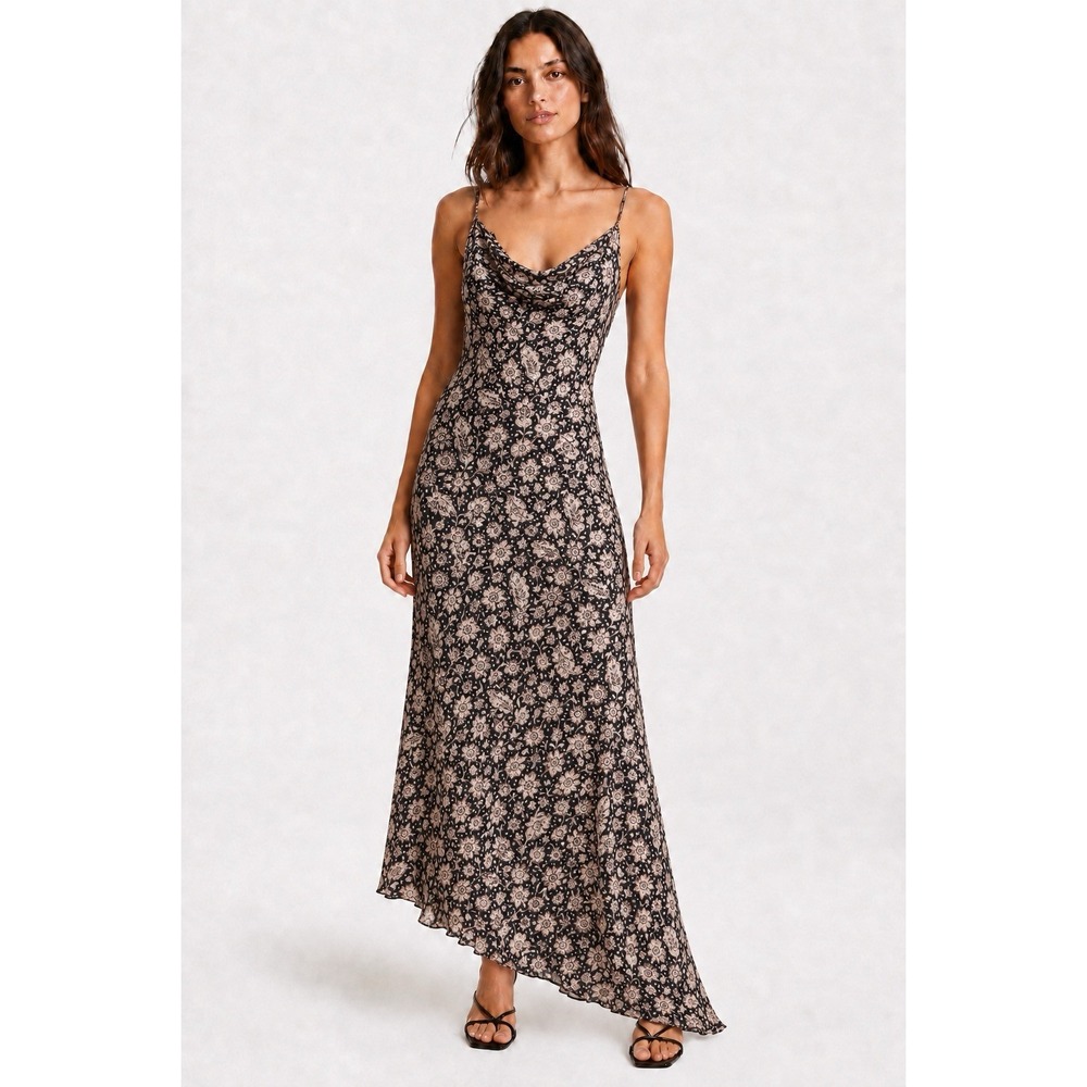 Women's Maxi Dress Black Floral Cowl Neck Asymmetrical Lace Up Back Whimsigoth